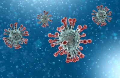 PHB Corona-Virus (blauer Hintergrund, rote Viren)
