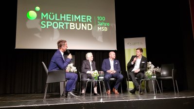Talkrunde mit Olympioniken aus Mülheim (Gabriela Grillo, ehemalige Dressurreiterin; Thilo Stralkowski, Hockey; Damian Wierling, Schwimmen)