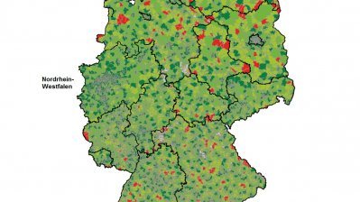 Deutschlandkarte mit der Erreichbarkeit von Krankenhäuser.