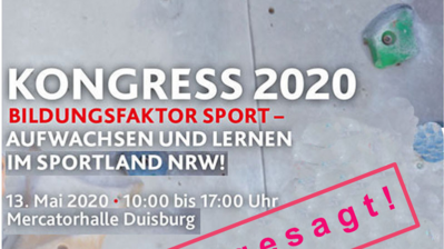 Werbeplakat für Kongress 2020 mit greuem Hintergrund und bunten Elementen, sowie rechts unten mit einem roten Stempel "Abgesagt".