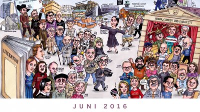 Das Bild zeigt das Juni 2016 Kalenderblatt des neuen NRW Kalenders von Jacques Tilly. Auf diesem Kalenderblatt werden Künstler aus NRW thematisiert.