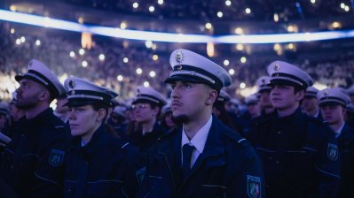 Anwärterinnen und Anwärter hören einer Rede auf der Bühne zu