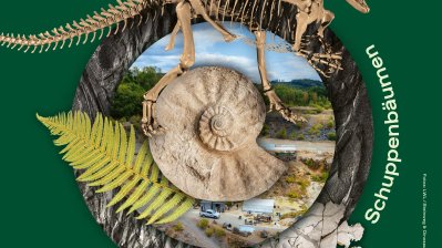 ein Fossil, ein T-Rex-Skelett, ein Farnblatt im Zentrum eines Plakatmotivs