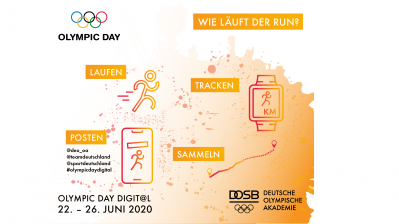 Werbeplakat im orange-weißem Design mit teilweiser schwarzer und weißer Schrift. Oben links steht OLYMPIC DAY, darüber die fünf olympischen Ringe.