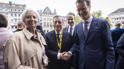 MP Wüst und Christine Lagarde begrüßen Mario Draghi