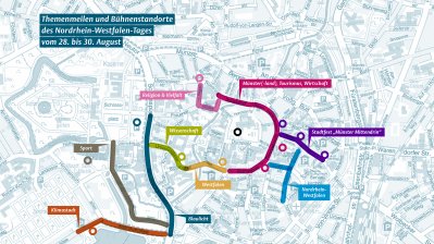 Innenstadtplan der Stadt Münster mit den verschiedenen Themenmeilen und Bühnenstandorten zum NRW-Tag