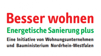 Das Bild zeigt den Schriftzug "Besser wohnen. Energetische Sanierung plus. Eine Initiative von Wohnungsunternehmen und Bauministerium Nordrhein-Westfalen."