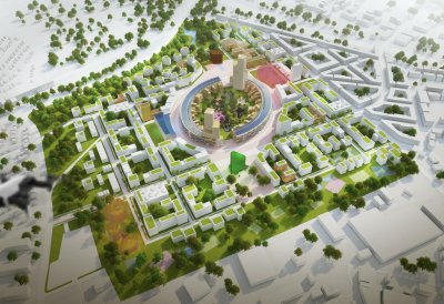 Weiterbau und Umnutzung des modularen Leichtathletikstadions zum grünen Zentrum eines neuen Stadtteils