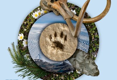 Ein Pfotenabdruck, ein Mammutskellet im Zentrum eines Plakatmotivs