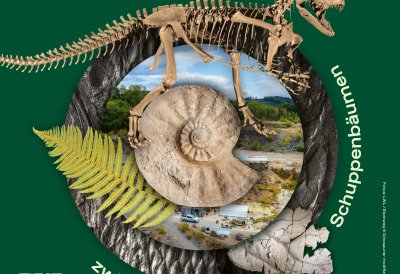 ein Fossil, ein T-Rex-Skelett, ein Farnblatt im Zentrum eines Plakatmotivs