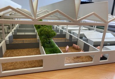 Seitenansicht in ein Modell von einem Stall, mit kleinen Plastikschweinchen