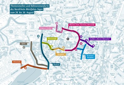 Innenstadtplan der Stadt Münster mit den verschiedenen Themenmeilen und Bühnenstandorten zum NRW-Tag