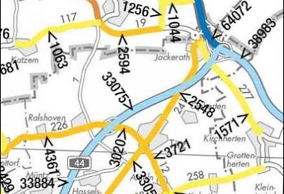 Straßenkarte mit Zahlen zur Angabe der Verkehrsstärke