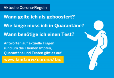 Antworten auf aktuelle Fragen rund um die Themen Impfen, Quarantäne und Testen gibt es auf www.land.nrw/corona/faq