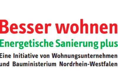 Das Bild zeigt den Schriftzug "Besser wohnen. Energetische Sanierung plus. Eine Initiative von Wohnungsunternehmen und Bauministerium Nordrhein-Westfalen."