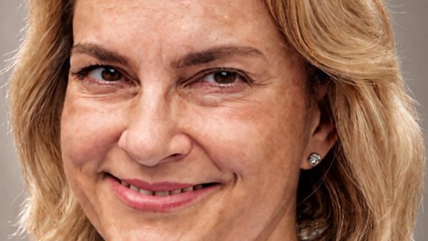 Eine blonde Frau in weißem Blazer lächelt in die Kamera