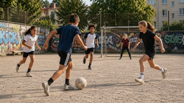 Jungs und Mädchen spielen Fußball auf einem Bolzplatz ohne Rasen