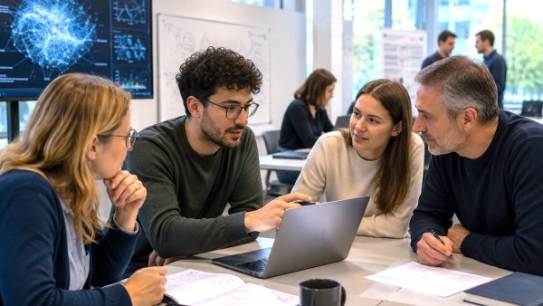 Student:innen sitzen in einem PC-Poolraum