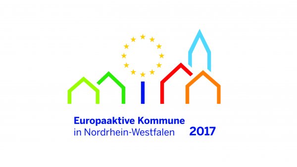 Logo der europaeischen Kommunen in NRW - Verschieden farbige Rahmen von Häusern und einem Kirchturm, in der Mitte wie ein Baum mit dunkelblauem Stamm und die Krone als Kranz aus EU-Sternen.