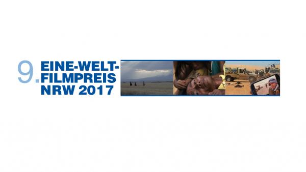 Links - Blau auf Weiß: Eine-Welt-Filmpreis 2017, rechts daneben 3 Fotos aus den preisgekrönten Filmen.