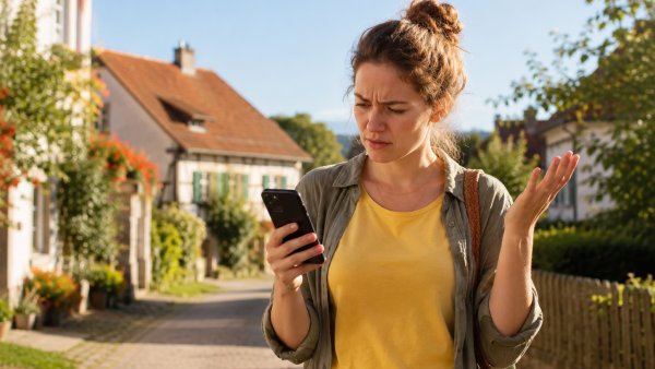 Eine Frau steht in einem Dorf auf der Straße und hat keinen Handyempfang