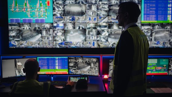 MP Wüst steht vor Monitoren eines Kontrollraums