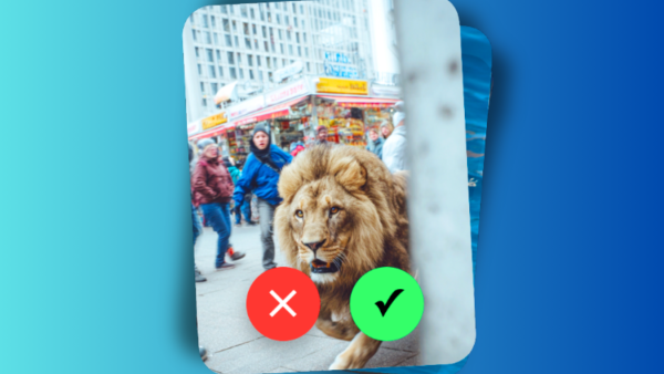 Ein Stapel Fotos mit Haken für Falsch oder Richtig