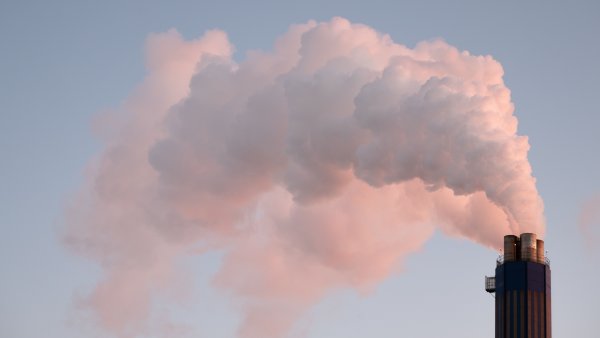 Rauch, der aus einem Industrieschornstein gegen einen klaren Himmel aufsteigt und die Verschmutzung veranschaulicht.