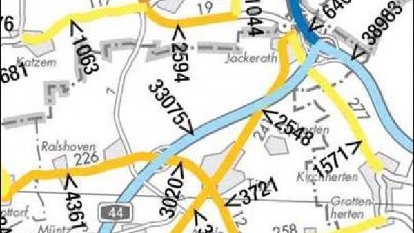 Straßenkarte mit Zahlen zur Angabe der Verkehrsstärke