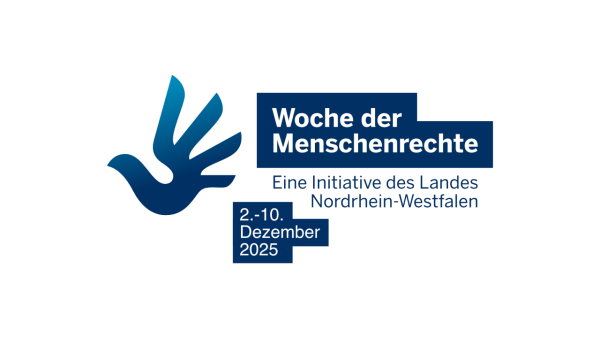 Logo der Woche der Menschenrechte 2025 (blaue Hand mit Schriftzug) mit dem Datum 2.-10. Dezember 2025
