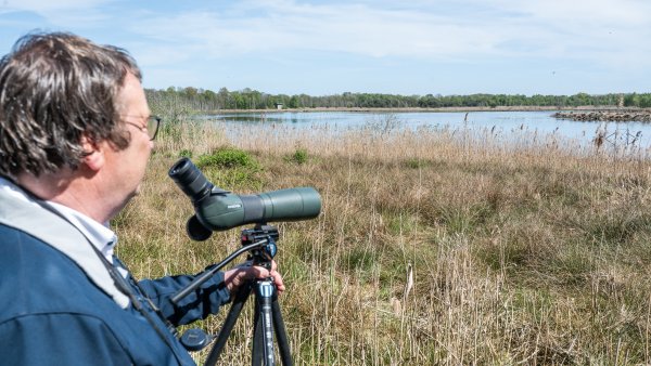 Minister Krischer steht am Rand eines Schilfgebiets und beobachtet mit einem Spektiv auf einem Stativ eine Wasserfläche. Im Hintergrund sind ein See, Vögel und eine flache, bewaldete Landschaft unter blauem Himmel zu sehen.