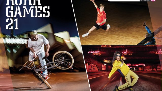 Das Ruhr-Games Kampagnenmotiv enthält drei Fotos. Links ein Fahrradartist, der nur auf dem Vorderrad steht. Rechts oben ein Handballer, der gerade im Sprung zum Wurf aufs Tor ansetzt. Rechts unten ein Sportler in gelber Sportkleidung.