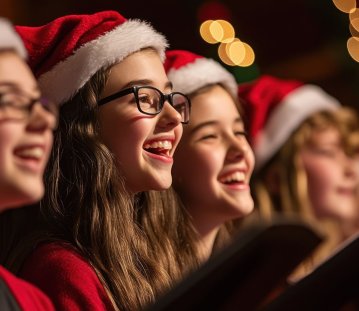 Junge Frauen singen mit Weihnachtsmütze auf