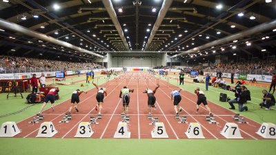 Von hinten betrachtet: Sieben Sprinter starten gerade zum Sprint in einer Indoor-Leichtathletikhalle.