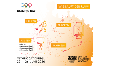 Werbeplakat im orange-weißem Design mit teilweiser schwarzer und weißer Schrift. Oben links steht OLYMPIC DAY, darüber die fünf olympischen Ringe.