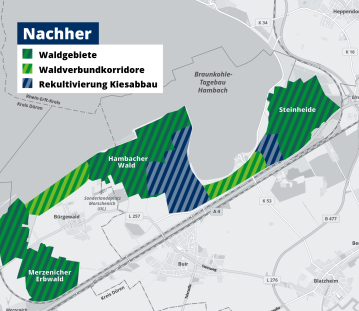 eine Karte in der die Waldgebiete, die Waldverbundkorridore und die Rekultivierung Kiesabbau farblich kenntlich gemacht wurde