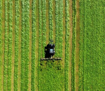 Luftaufnahme eines Traktors, der in parallelen Bahnen ein großes grünes Feld mäht. Die gleichmäßigen Streifen im Gras erzeugen ein grafisches Muster aus verschiedenen Grüntönen.