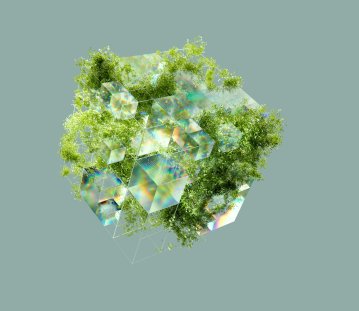 Abstrakte 3D-Darstellung eines würfelförmigen Gebildes aus transparenten, schillernden geometrischen Formen und dichtem grünem Pflanzenbewuchs. Der Würfel schwebt vor einem einfarbig graugrünen Hintergrund.