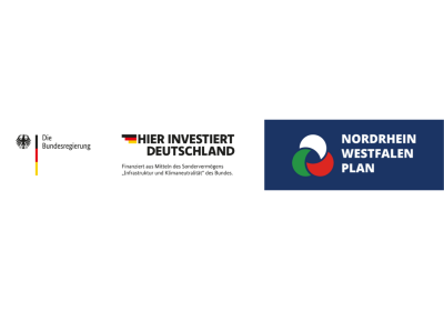 Nordrhein-Westfalen-Plan mit mit Wort-Bild-Marke des Bundes "Hier investiert Deutschland"