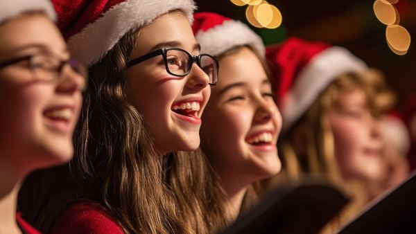 Junge Frauen singen mit Weihnachtsmütze auf