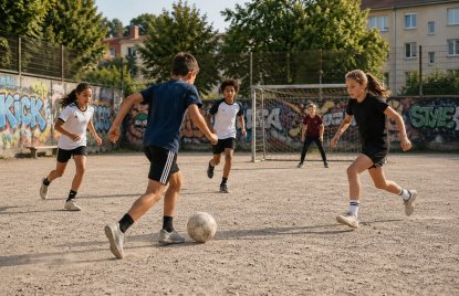 Jungs und Mädchen spielen Fußball auf einem Bolzplatz ohne Rasen