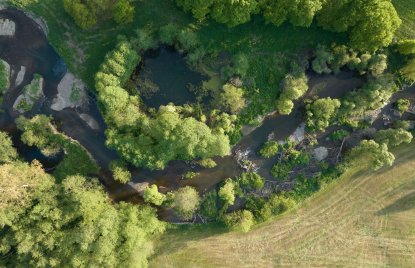 Luftaufnahme der renaturierten oberen Diemel mit naturnahen Flussläufen, kleinen Gewässern, Ufervegetation und angrenzenden Wiesen.