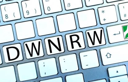 Die Grafik zeigt das Logo der Initiative Digitale Wirtschaft NRW: Buchstaben der Tasten DWNRW und das NRW Wappen