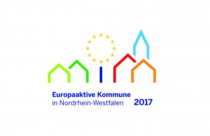Logo der europaeischen Kommunen in NRW - Verschieden farbige Rahmen von Häusern und einem Kirchturm, in der Mitte wie ein Baum mit dunkelblauem Stamm und die Krone als Kranz aus EU-Sternen.