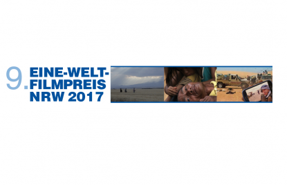 Links - Blau auf Weiß: Eine-Welt-Filmpreis 2017, rechts daneben 3 Fotos aus den preisgekrönten Filmen.