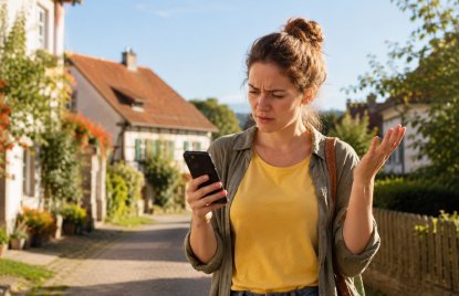 Eine Frau steht in einem Dorf auf der Straße und hat keinen Handyempfang