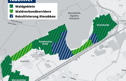 eine Karte in der die Waldgebiete, die Waldverbundkorridore und die Rekultivierung Kiesabbau farblich kenntlich gemacht wurde