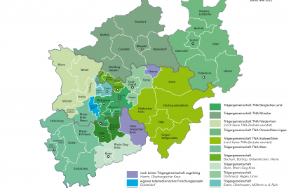 Eine Karte von Nordrhein-Westfalen mit farblich markierter Zugehörigkeit der jeweiligen Trägergemeinschaften