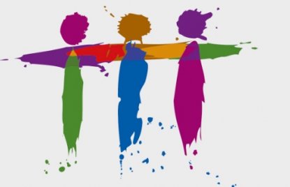 Das Bild zeigt stilisiert drei bunte Strichmännchen, die sich umarmen.