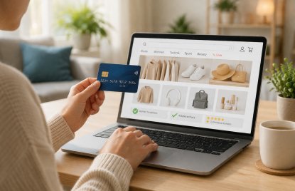 Eine Frau sitzt vor einem Laptop mit geöffneten Online-Shop. In der Hand hält sie eine Kreditkarte.